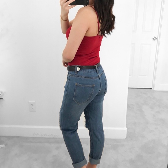 denim blue cutout ripped boyfriend jeans - Picture 4 of 5